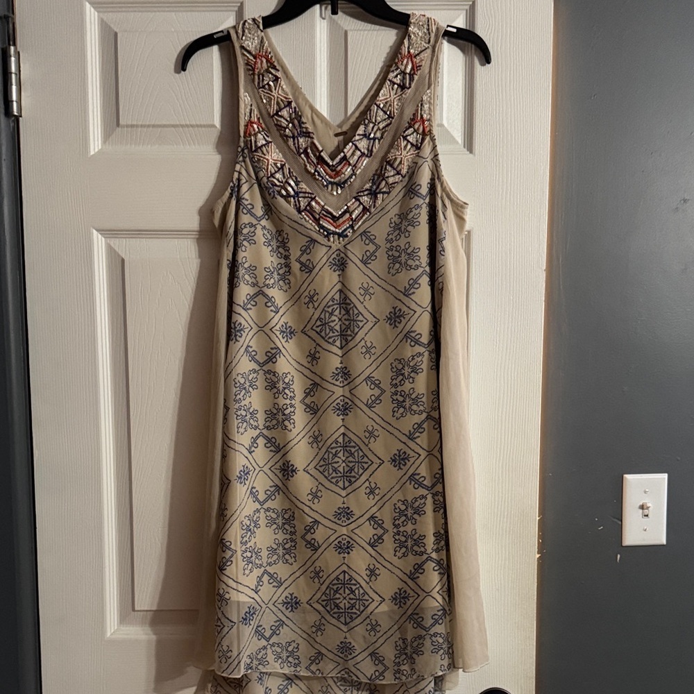 Free People Beige and Blue Embroidered Mini Dress